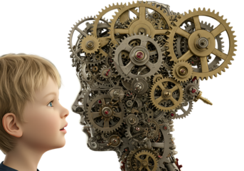 3D Illustration Of A Boy With A Gear-Shaped Brain On Black Background