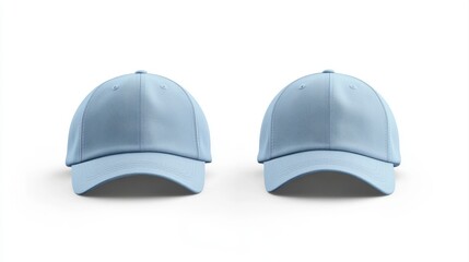Fototapeta premium Front view of light blue baseball caps mockup on white background, with space for your logo or design. Mock-up for branding