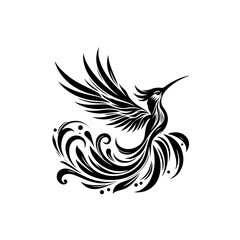 Tribal phoenix bird with flowing wings isolated on white