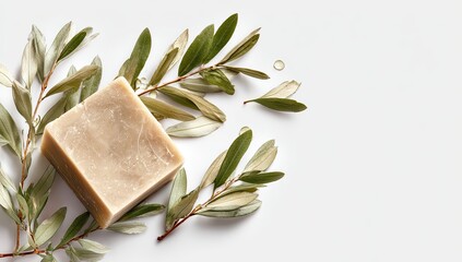 Beige soap bar, olive leaves, sprigs