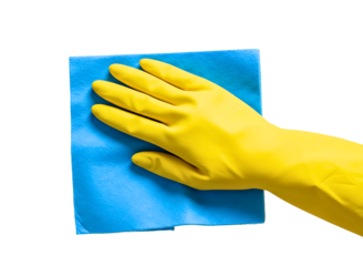 Yellow gloved hand holding blue cleaning cloth isolated on transparent background