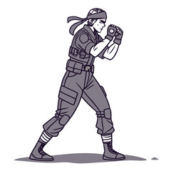 Stylized illustration of a female soldier in a fighting stance with tactical gear and headband