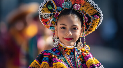 Fototapeta premium Portrait of a young girl adorned in vibrant traditional clothing and ornate headdress with tassels