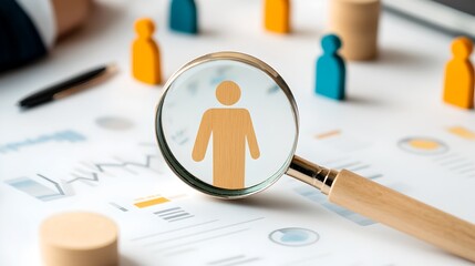 A close up view of a magnifying glass focused on a human figure icon surrounded by various business and financial documents charts and graphs on a desk representing the process of data analysis