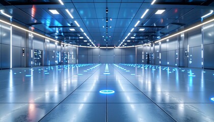 Scattered glowing media buttons embedded into a futuristic metal floor, pulsing with energy in an open virtual dome