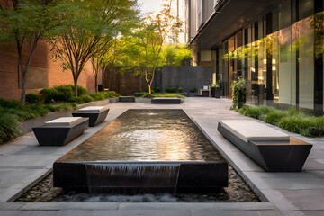Obraz premium Modern Courtyard With Rectangular Water Feature And Benches