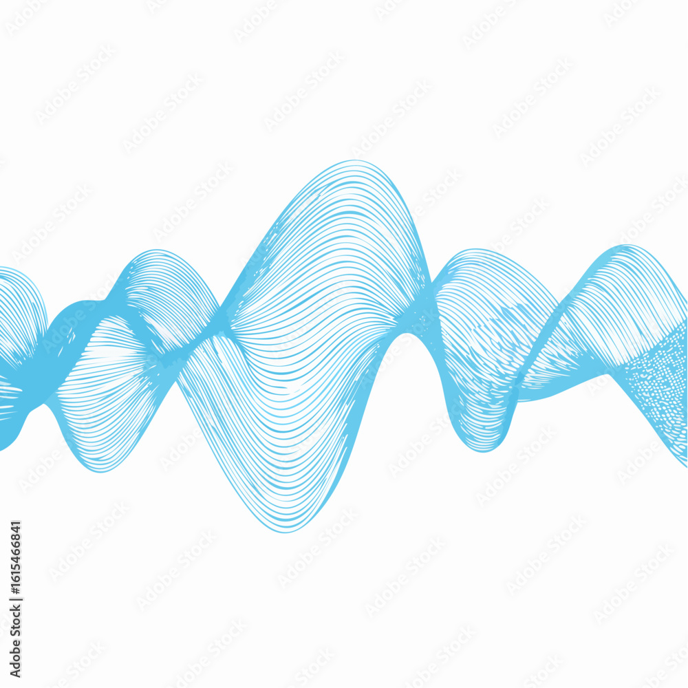 Poster an abstract light blue wave pattern composed of numerous thin lines on a white background, suggestin