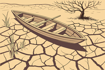 Empty wooden boat stranded on dry cracked earth with bare tree nearby