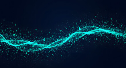 Abstract digital stream of glowing cyan particles and binary code numbers forming a dynamic undulating wave.