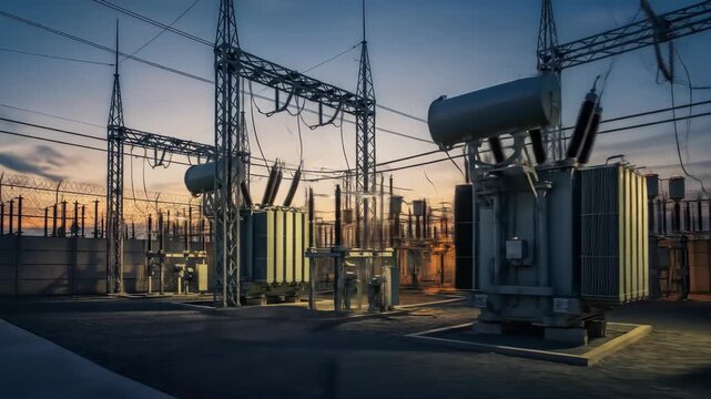 A substation operates at dusk, its transformers humming as they manage power, a critical part of the electricity grid and transmission infrastructure.
