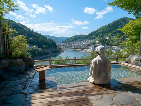 Relaxation in Nature: Outdoor Hot Spring Landscape for Serenity and Meditation Travel - Powered by Adobe