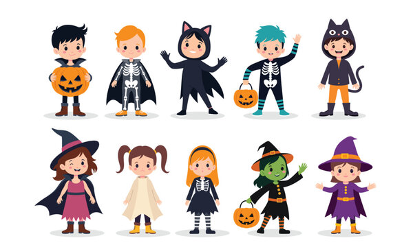 Cute kids halloween characters graphic vector illustration set