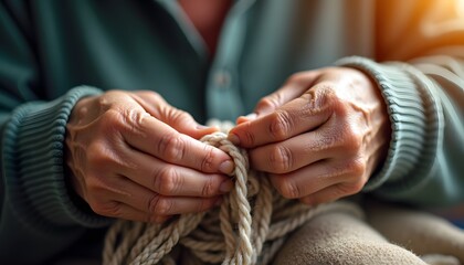 Nahaufnahme von Händen beim Knoten von Seil im Sonnenlicht  
