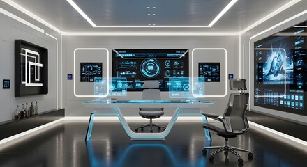 Futuristic command center interior with holographic user interfaces and data visualization screens.