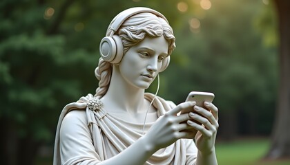 Klassische Statue mit Kopfhörern und Smartphone in moderner Inszenierung  
