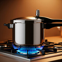 An elevated view of a pressure cooker on a blue gas stovetop, highlighting its design and the warm, inviting ambiance