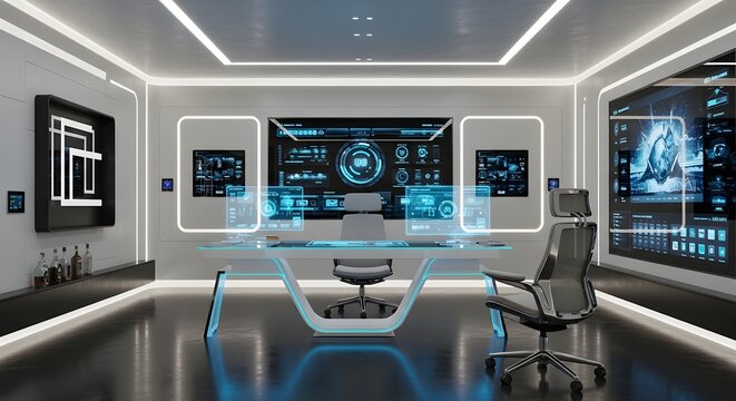 Futuristic command center interior with holographic user interfaces and data visualization screens.