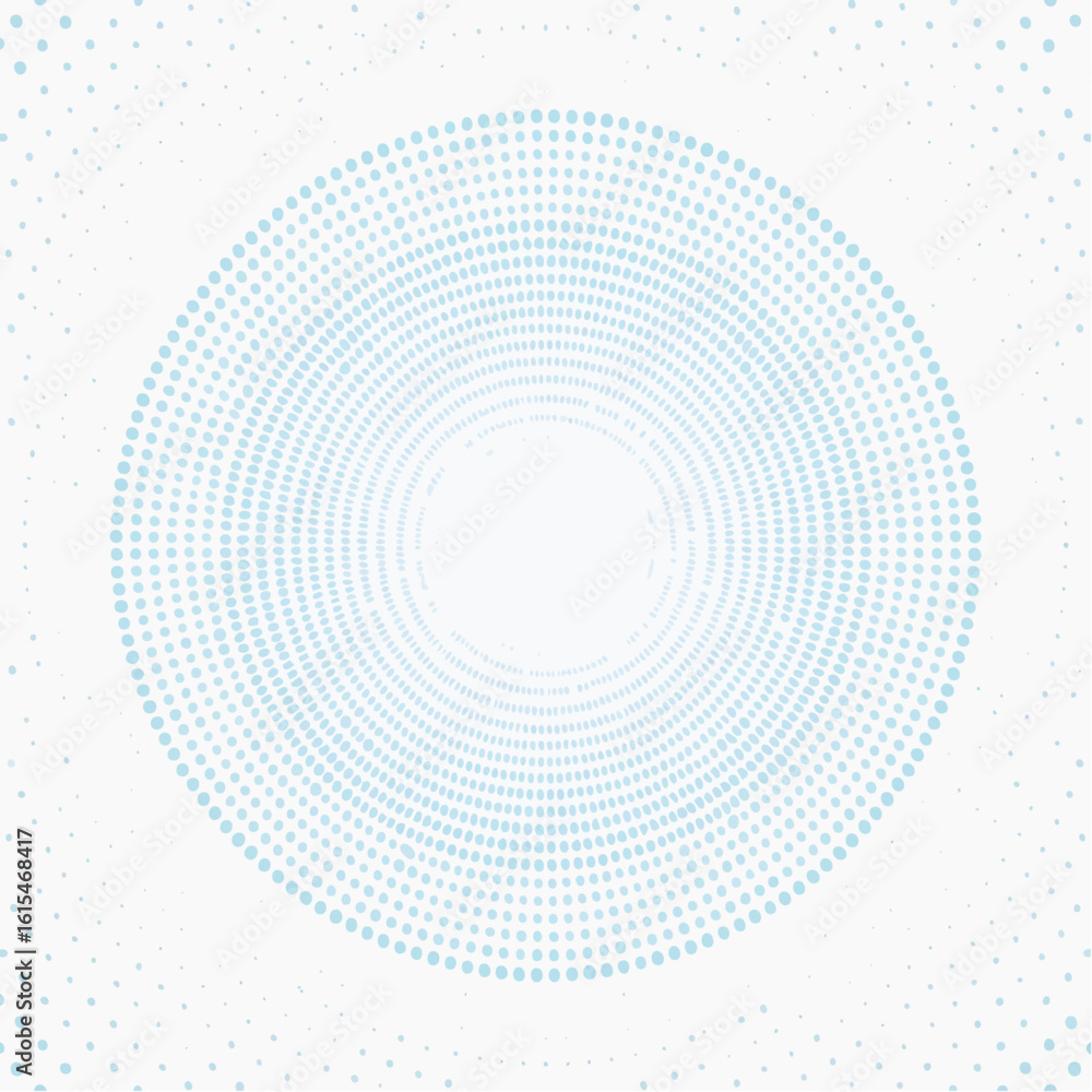 Poster concentric rings of light blue dots form a circular shape, creating an abstract radial pattern.