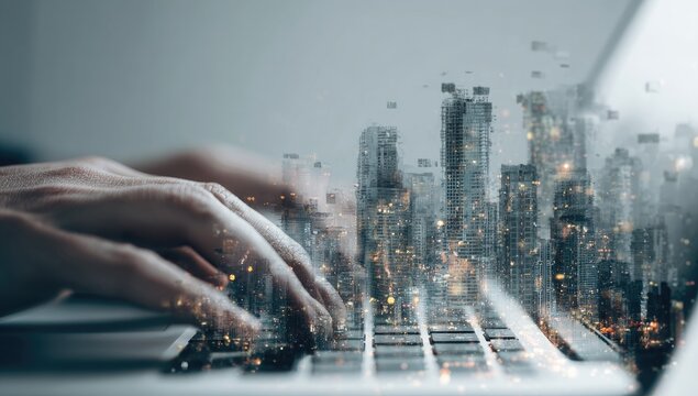 Hands typing on laptop, city skyline overlay (1)