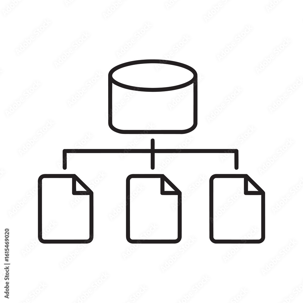 Poster line icon of a database server connected to multiple documents representing a data management system