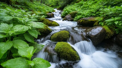 Serene Forest Stream Flowing Over Mossy Rocks Surrounded by Lush Green Foliage and Plants