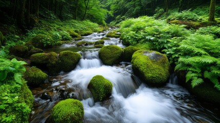 Obraz premium Serene Moss-Covered Rocks in Tranquil Forest Stream Surrounded by Lush Greenery and Nature