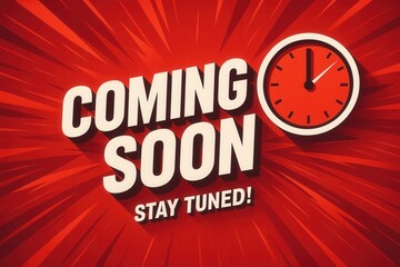 Bold red design with large text saying "COMING SOON" and a clock graphic, emphasizing urgency and anticipation, suitable for announcements and promotional materials.