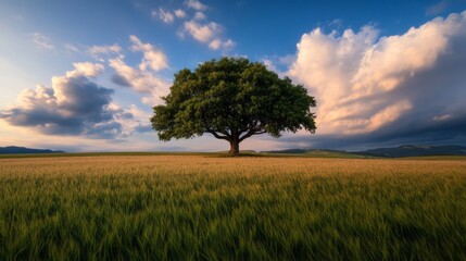 Fototapeta premium Majestic Lone Tree on Golden Field Under Dramatic Sky During Sunrise or Sunset