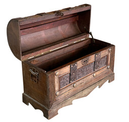 Antique wooden treasure chest open showing the inside, isolated on a white background