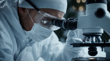 Scientist in Protective Gear Observing Sample Through Microscope in Modern Laboratory Setting