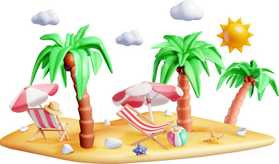 3D Tropical Beach Scene with Palm Trees