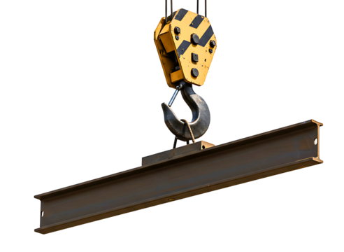 Heavy duty industrial crane hook lifting steel i beams isolated on transparent background