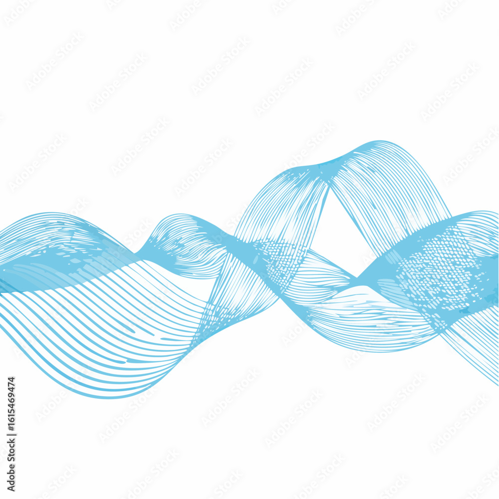 Poster abstract flowing blue lines creating a dynamic, undulating wave pattern against a clean white backgr
