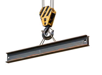 Heavy duty industrial crane hook lifting steel i beams isolated on transparent background