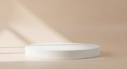 A minimalist, clean, and elegant white cylinder podium for product display, casting subtle shadows with warm, soft, diffused overhead lighting, on a neutral background