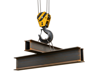 Heavy duty industrial crane hook lifting steel i beams isolated on transparent background