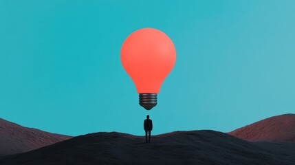 Person Standing on Hill Looking Up at Large Red Light Bulb in Blue Sky Background