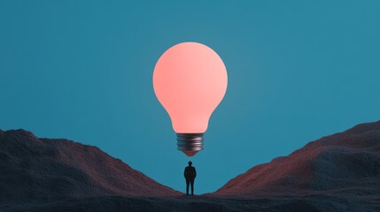 Person Standing in Landscape with Large Light Bulb Above for Concept of Ideas and Innovation