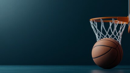 Basketball Approaching the Hoop in a Dramatic Dark Background with Focus on Sport Action