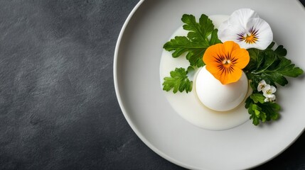 Elegant Gourmet Dessert with Cream, Edible Flowers, and Fresh Greens on Modern Plate