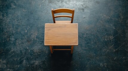 Simple Wooden Table and Chair on Dark Rustic Floor with Minimalist Aesthetic Appeal
