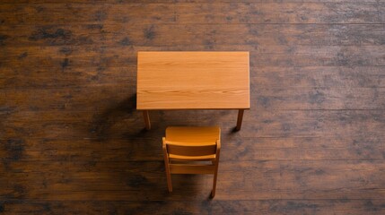 Simple Wooden Table and Chair on Rustic Floor from Above Perspective in Natural Light
