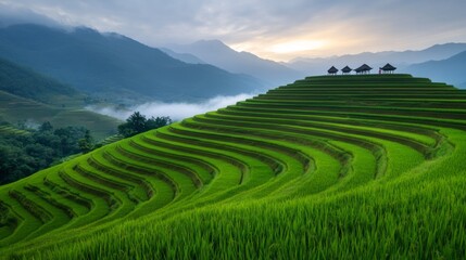 Lush Green Rice Terraces Under Dramatic Sky and Mountains at Dawn in Scenic Landscape