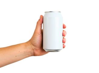 Hand holding a blank white soda can isolated on transparent background