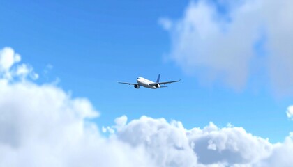 Fototapeta premium Airplane Soaring Through Bright Blue Sky with Fluffy White Clouds