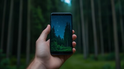 Hand Holding Smartphone Displaying Starry Night in Dense Forest with Tall Trees Surrounding