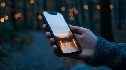 Hand Holding Smartphone with Reflection of Sunset Over Water in Peaceful Forest Setting