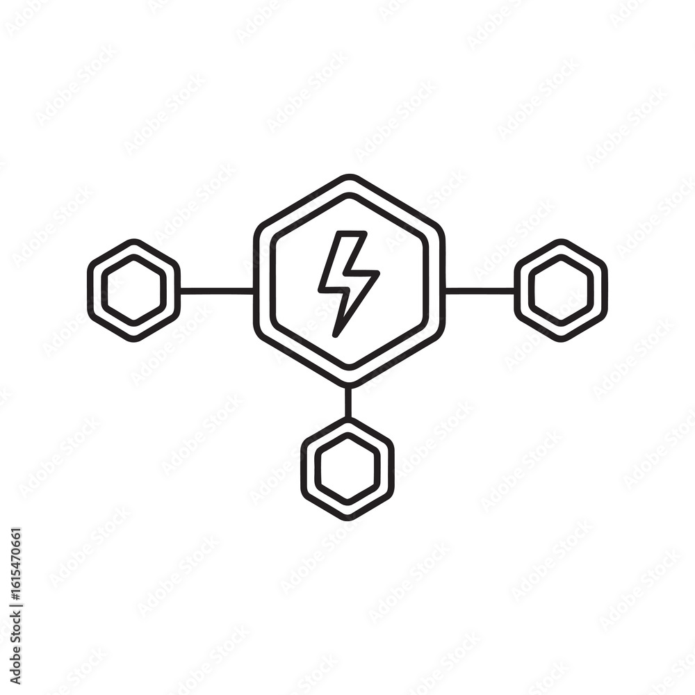 Poster line icon of a decentralized energy network with a central power bolt representing a distributed sma