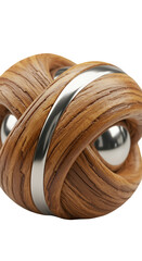 3D Realistic Wooden Sphere with Metal Band Isolated On Transparent Background