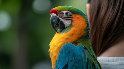 Colorful Parrot Perched on Shoulder of Person Surrounded by Lush Natural Environment